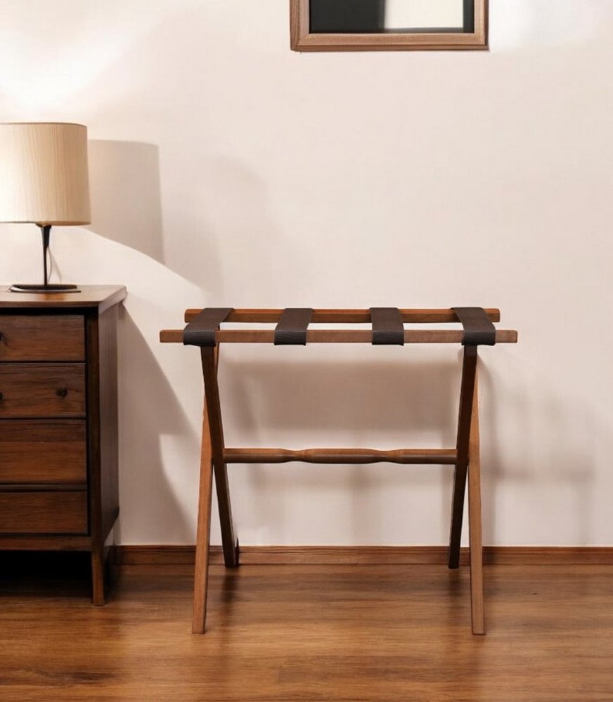 Hotel Light Walnut Folding Luggage Rack With Four Straps HomeRoots