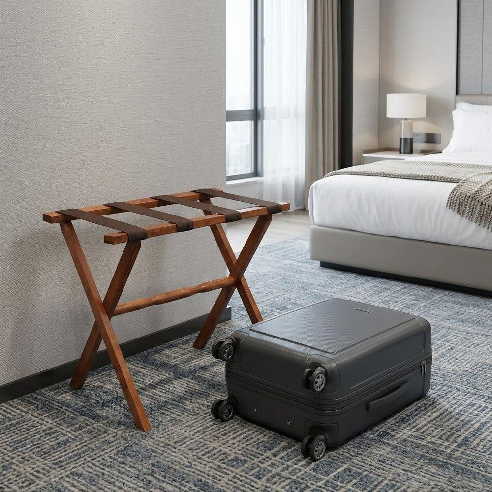 Hotel Light Walnut Folding Luggage Rack With Four Straps HomeRoots