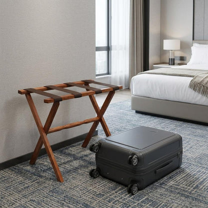 Hotel Light Walnut Folding Luggage Rack With Four Straps HomeRoots