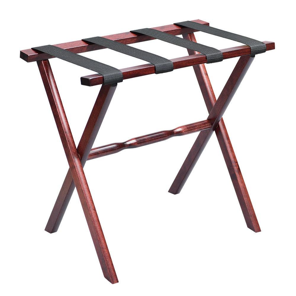 Hotel Cherry Mahogany Folding Luggage Rack With Black Straps - FurniFindUSA