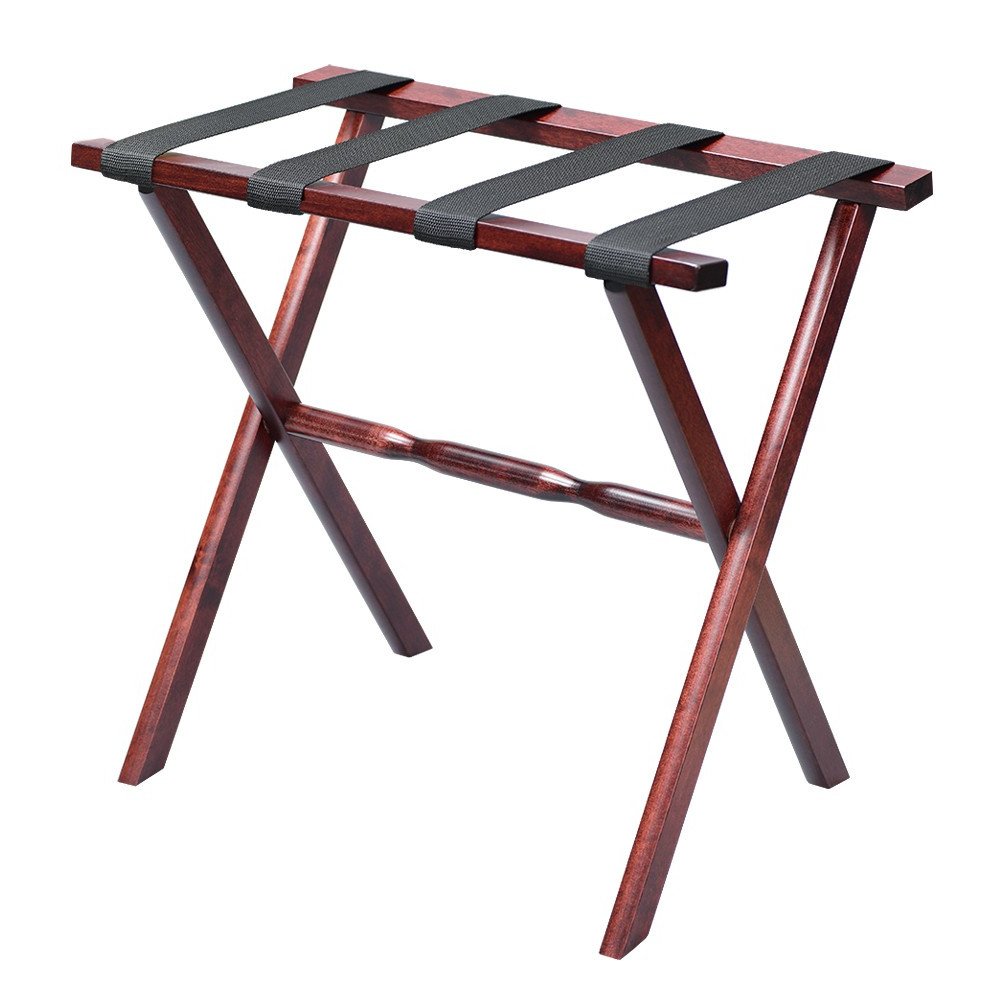 Hotel Cherry Mahogany Folding Luggage Rack With Black Straps HomeRoots