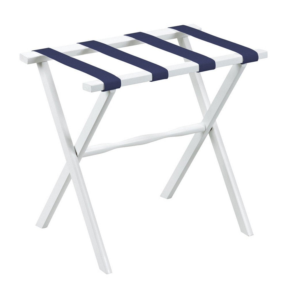Hotel White Finish Wood Folding Luggage Rack With Navy Straps HomeRoots