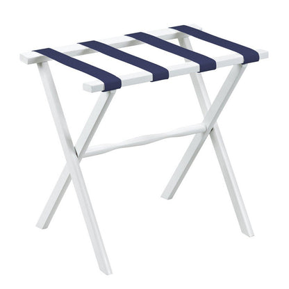 Hotel White Finish Wood Folding Luggage Rack With Navy Straps HomeRoots