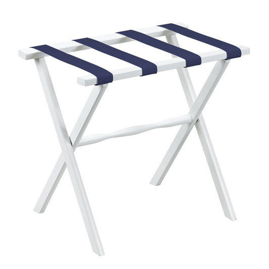 Hotel White Finish Wood Folding Luggage Rack With Navy Straps HomeRoots