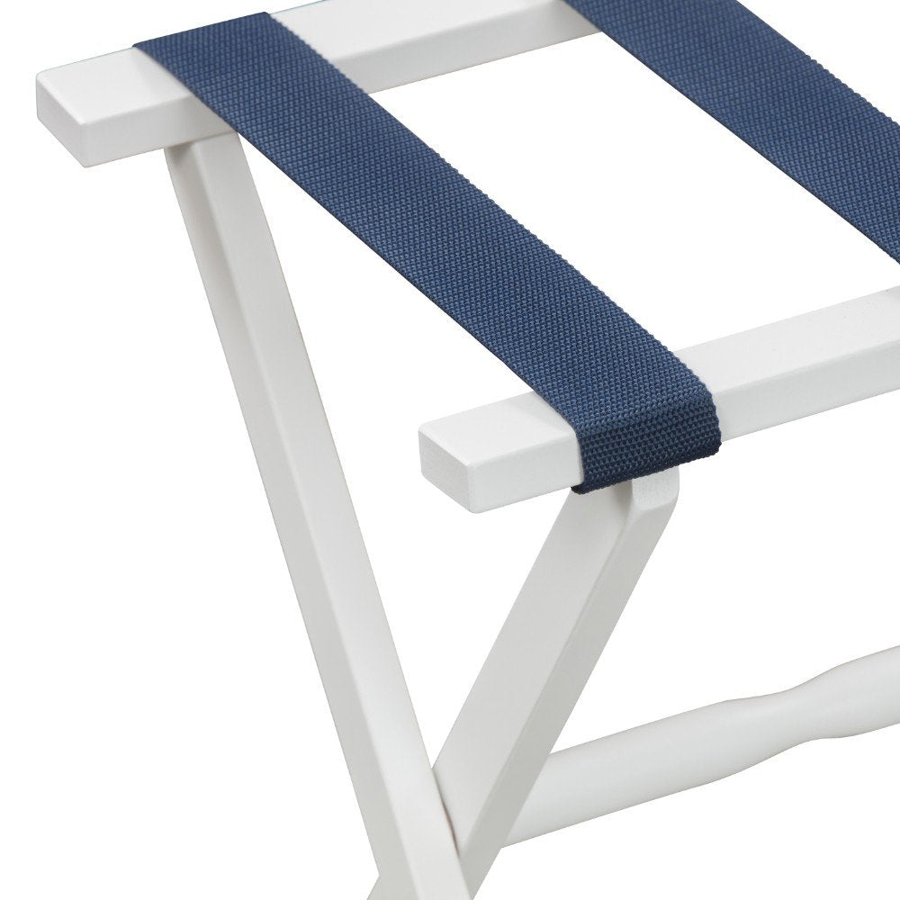 Hotel White Finish Wood Folding Luggage Rack With Navy Straps HomeRoots