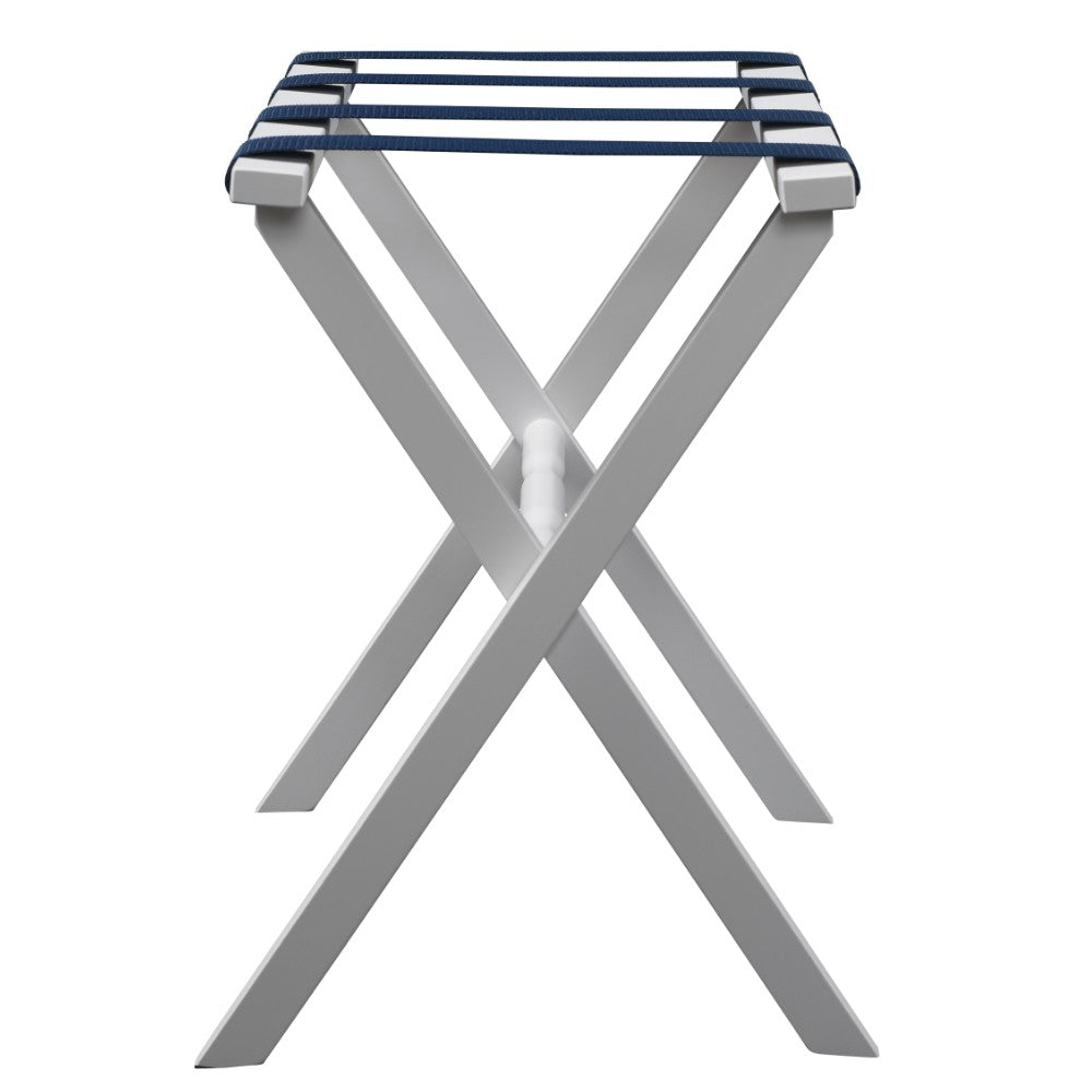 Hotel White Finish Wood Folding Luggage Rack With Navy Straps