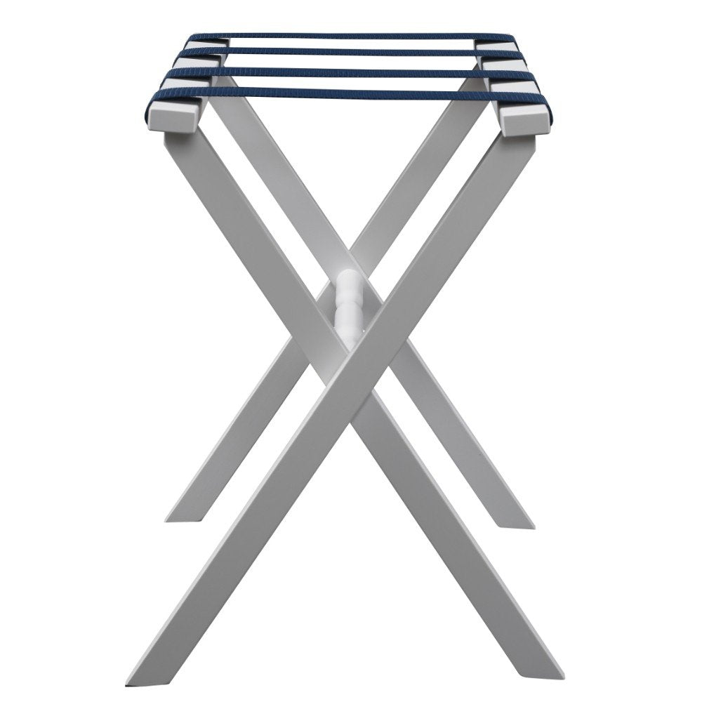 Hotel White Finish Wood Folding Luggage Rack With Navy Straps HomeRoots