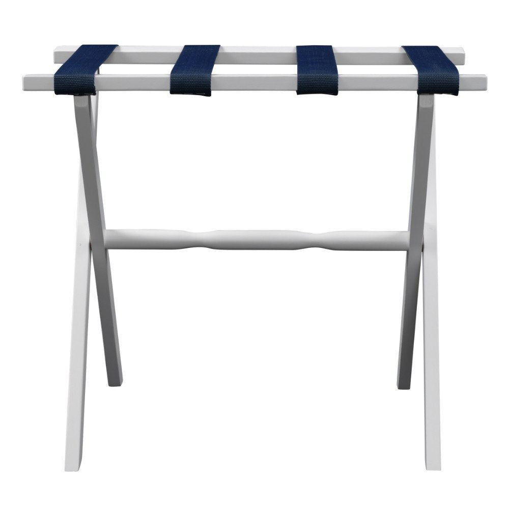 Hotel White Finish Wood Folding Luggage Rack With Navy Straps HomeRoots