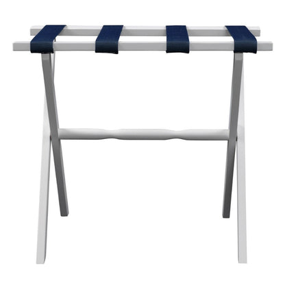 Hotel White Finish Wood Folding Luggage Rack With Navy Straps HomeRoots