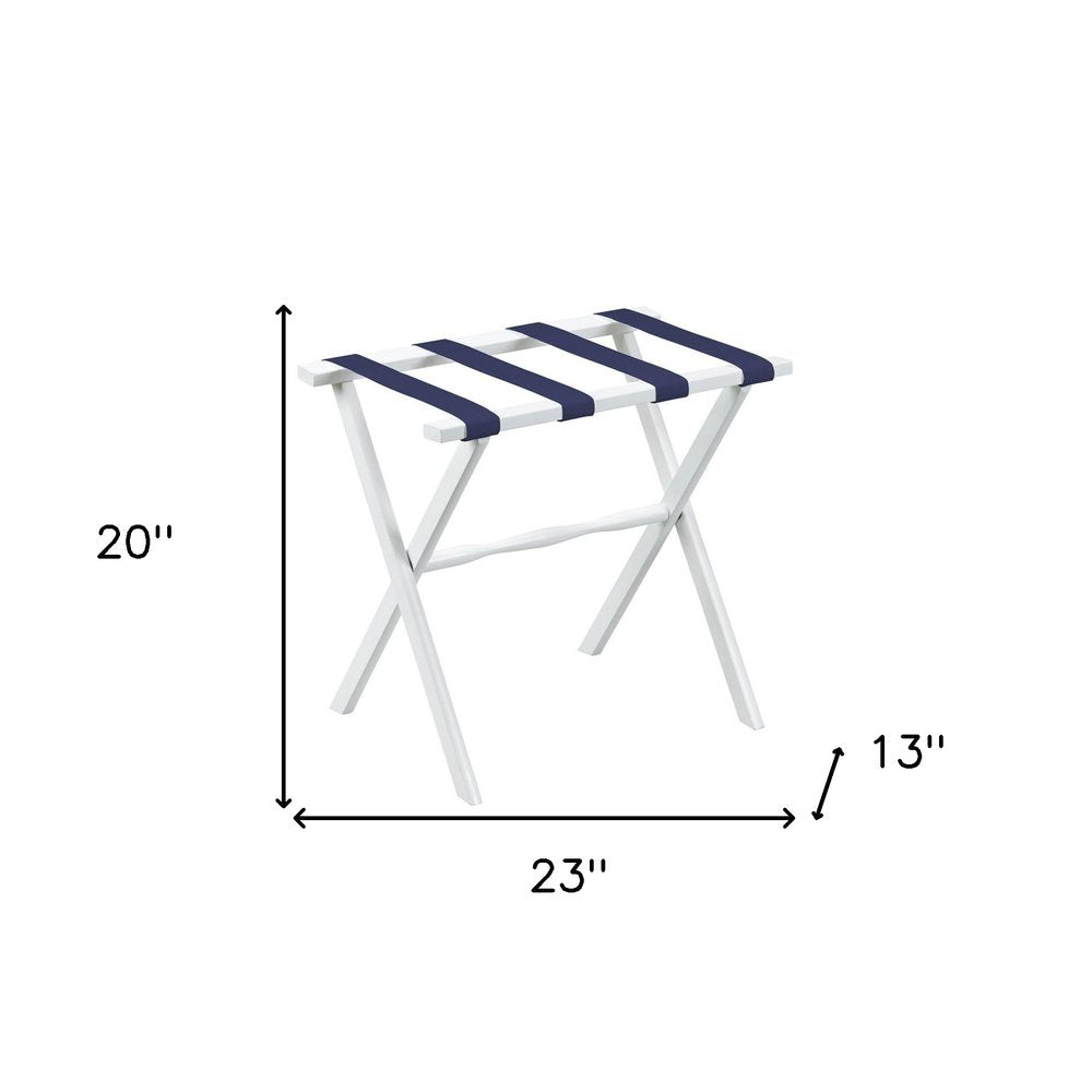Hotel White Finish Wood Folding Luggage Rack With Navy Straps HomeRoots