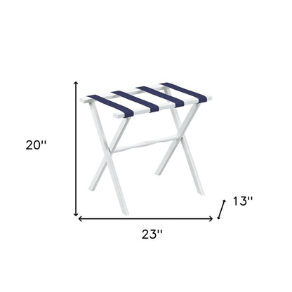 Hotel White Finish Wood Folding Luggage Rack With Navy Straps HomeRoots