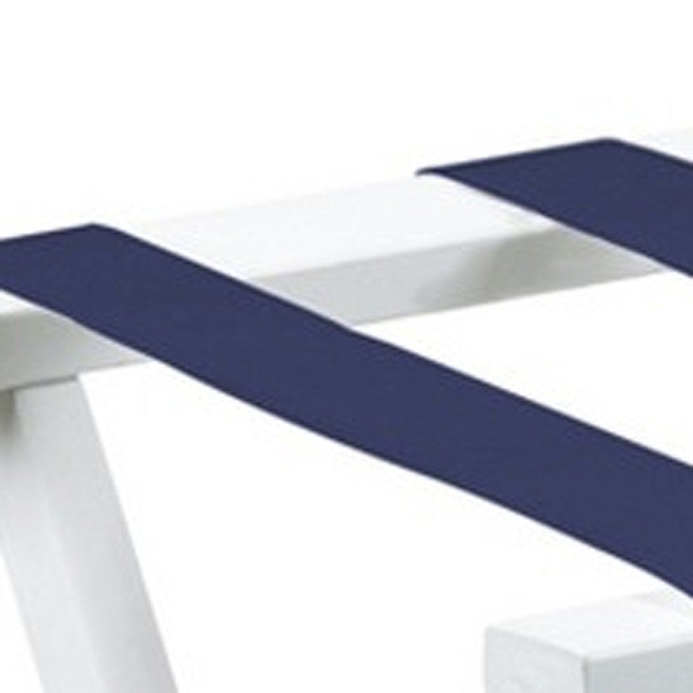 Hotel White Finish Wood Folding Luggage Rack With Navy Straps HomeRoots