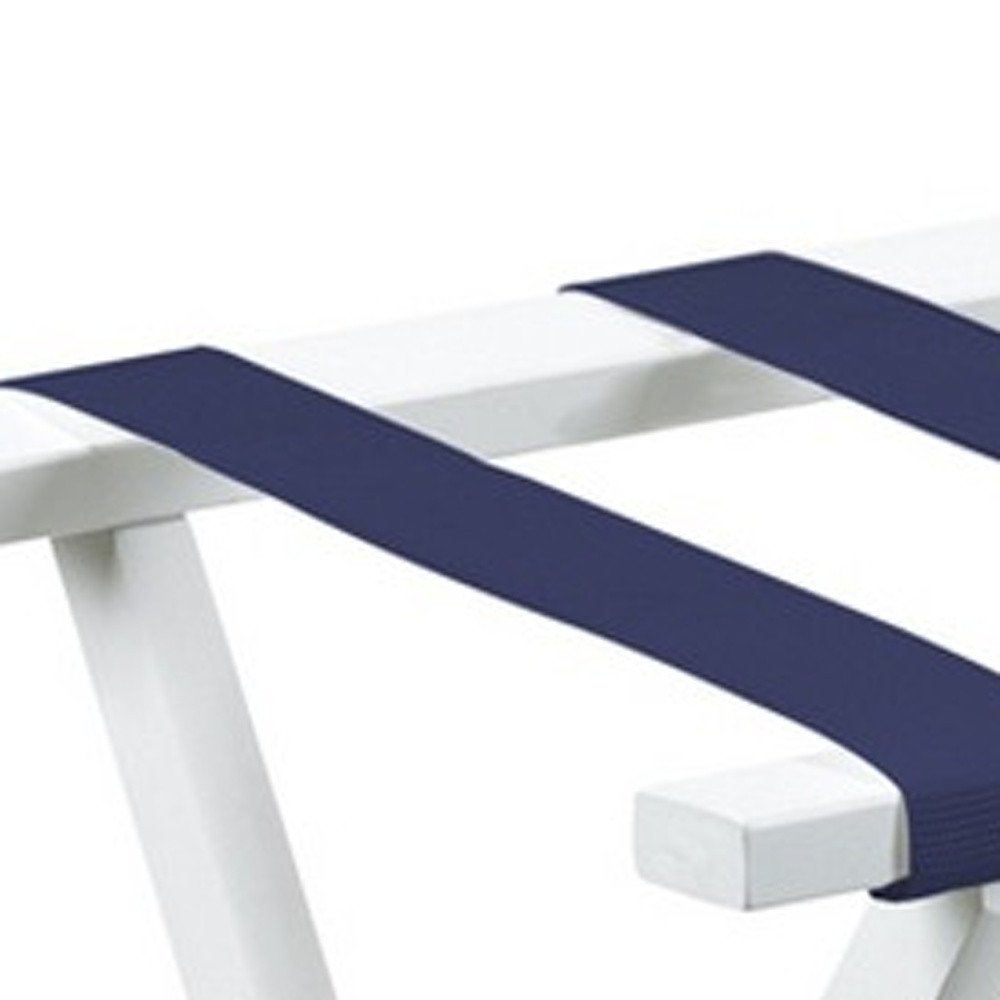 Hotel White Finish Wood Folding Luggage Rack With Navy Straps HomeRoots