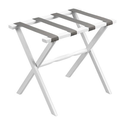 Hotel White Finish Wood Folding Luggage Rack With Gray Straps HomeRoots