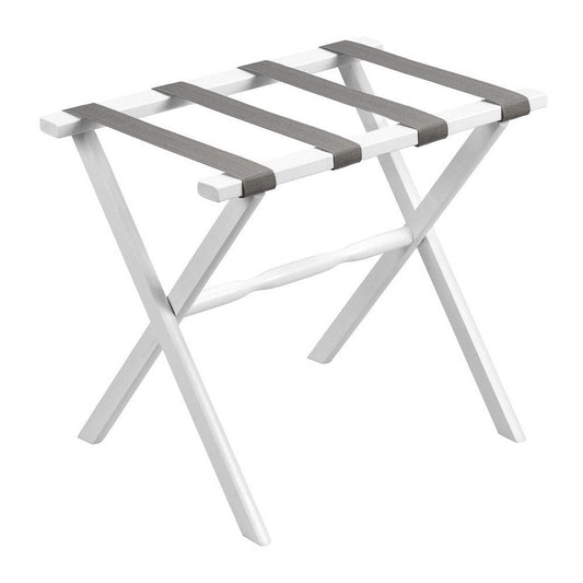 Hotel White Finish Wood Folding Luggage Rack With Gray Straps HomeRoots