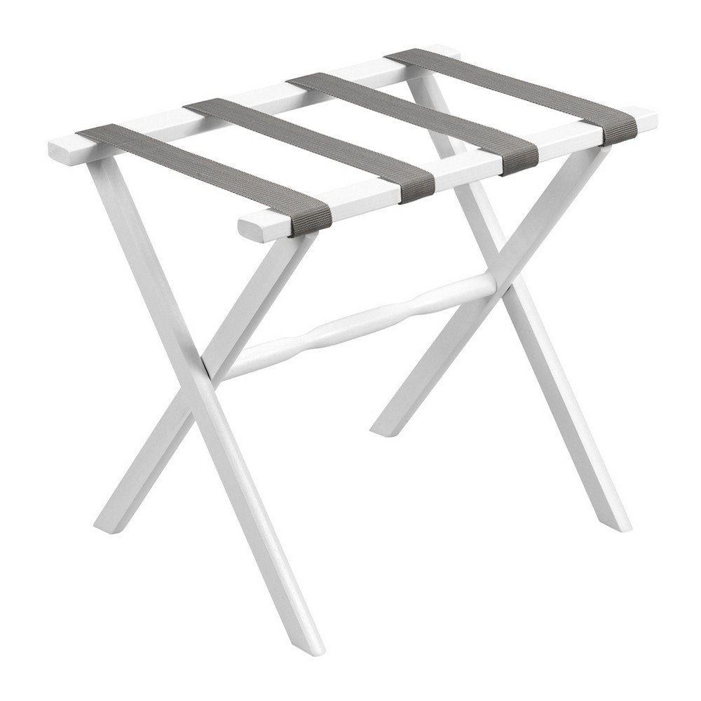 Hotel White Finish Wood Folding Luggage Rack With Gray Straps HomeRoots