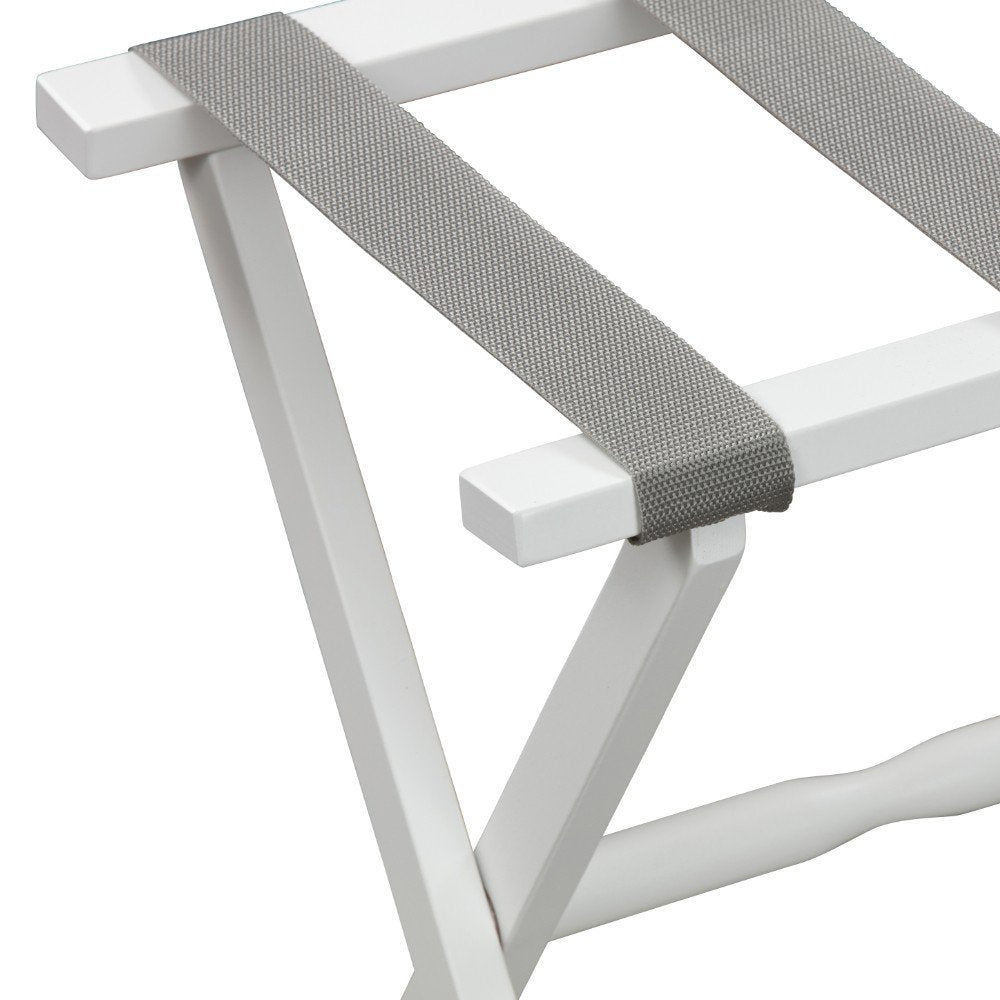 Hotel White Finish Wood Folding Luggage Rack With Gray Straps HomeRoots