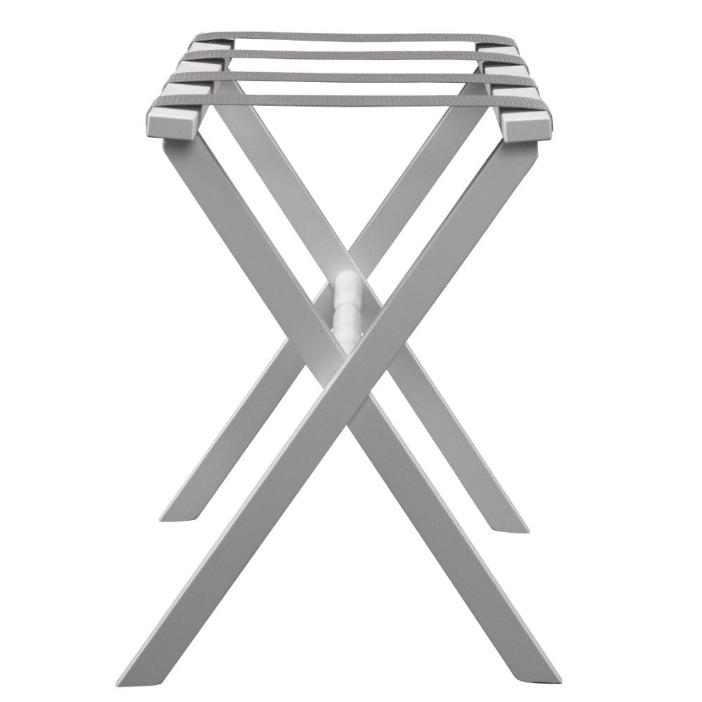 Hotel White Finish Wood Folding Luggage Rack With Gray Straps HomeRoots