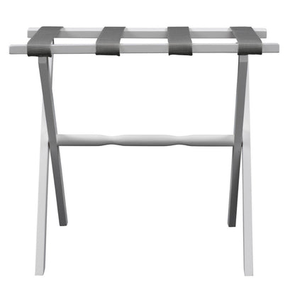 Hotel White Finish Wood Folding Luggage Rack With Gray Straps HomeRoots