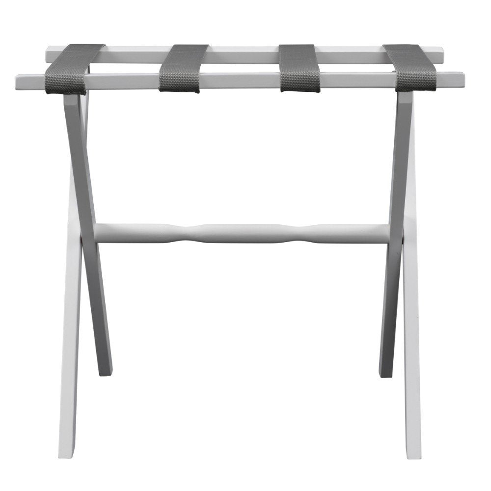 Hotel White Finish Wood Folding Luggage Rack With Gray Straps HomeRoots