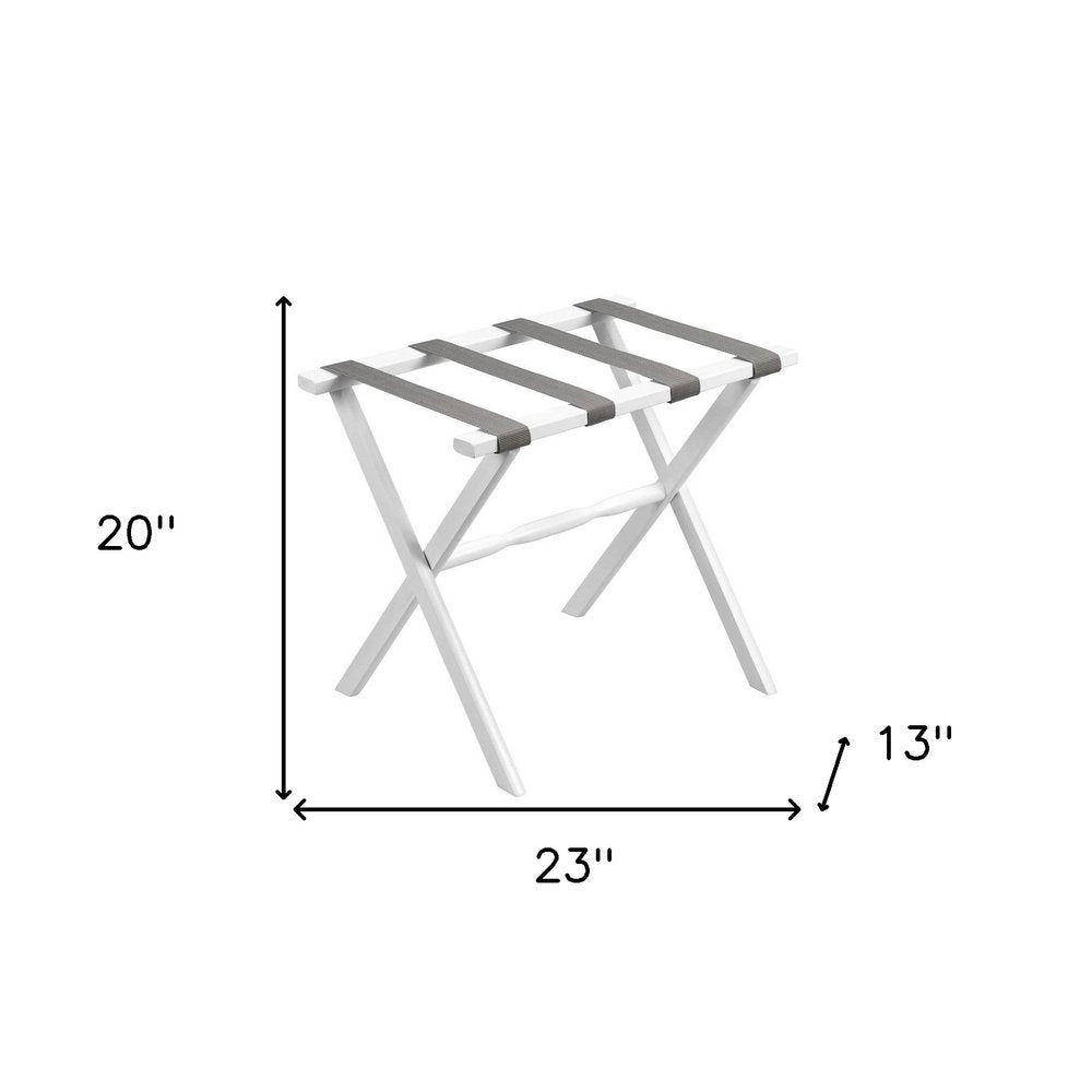 Hotel White Finish Wood Folding Luggage Rack With Gray Straps HomeRoots