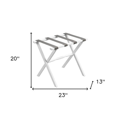 Hotel White Finish Wood Folding Luggage Rack With Gray Straps HomeRoots