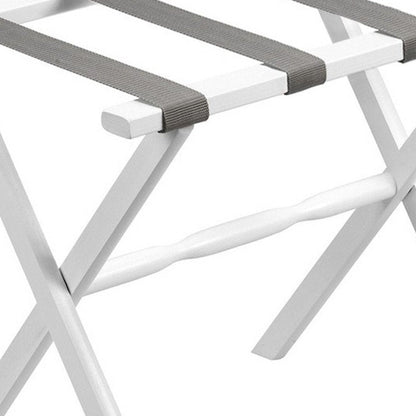 Hotel White Finish Wood Folding Luggage Rack With Gray Straps HomeRoots