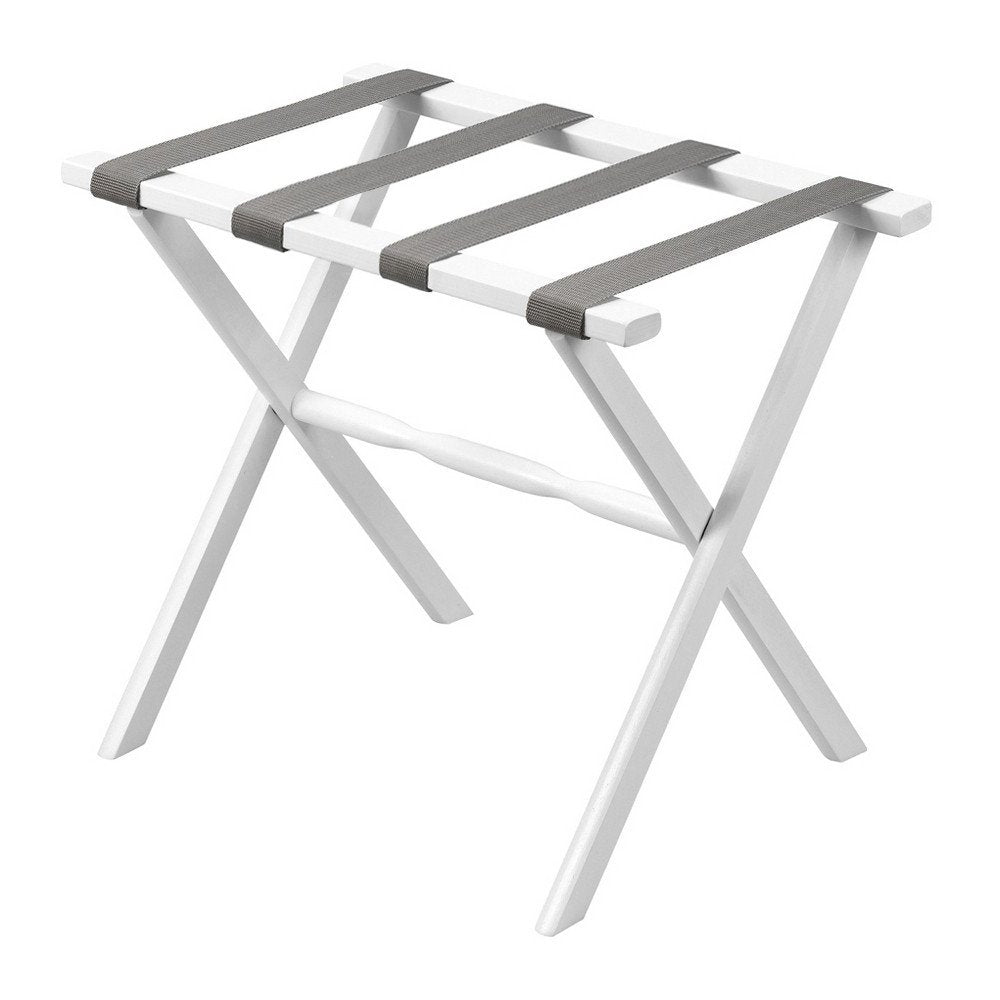 Hotel White Finish Wood Folding Luggage Rack With Gray Straps HomeRoots