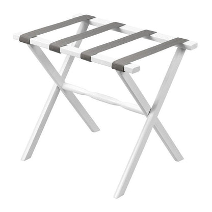 Hotel White Finish Wood Folding Luggage Rack With Gray Straps HomeRoots