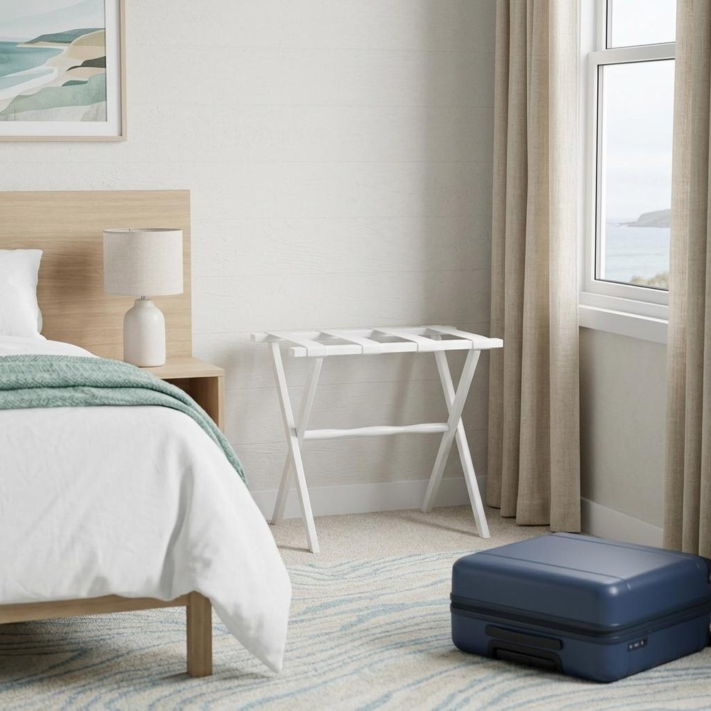 Hotel White Finish Wood Folding Luggage Rack With White Straps HomeRoots