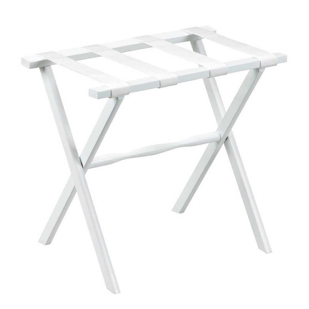 Hotel White Finish Wood Folding Luggage Rack With White Straps HomeRoots
