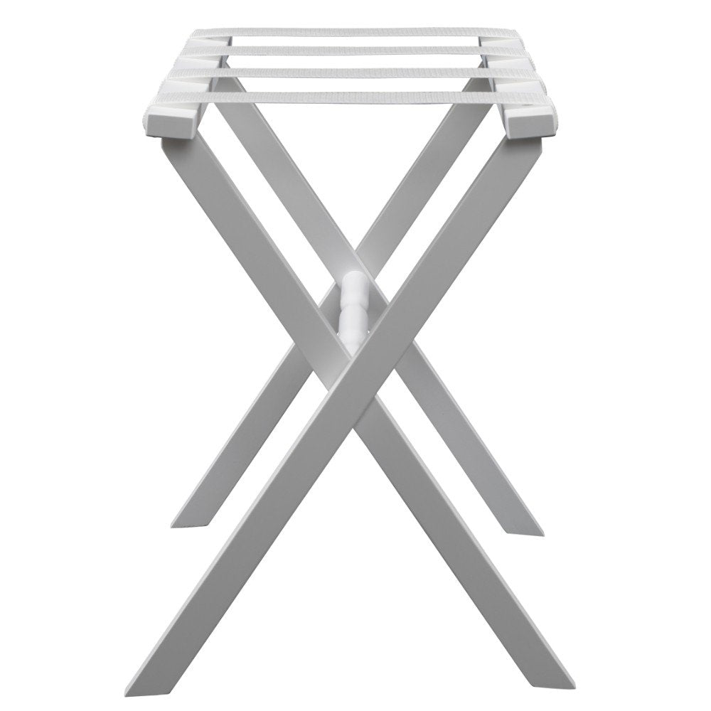 Hotel White Finish Wood Folding Luggage Rack With White Straps HomeRoots