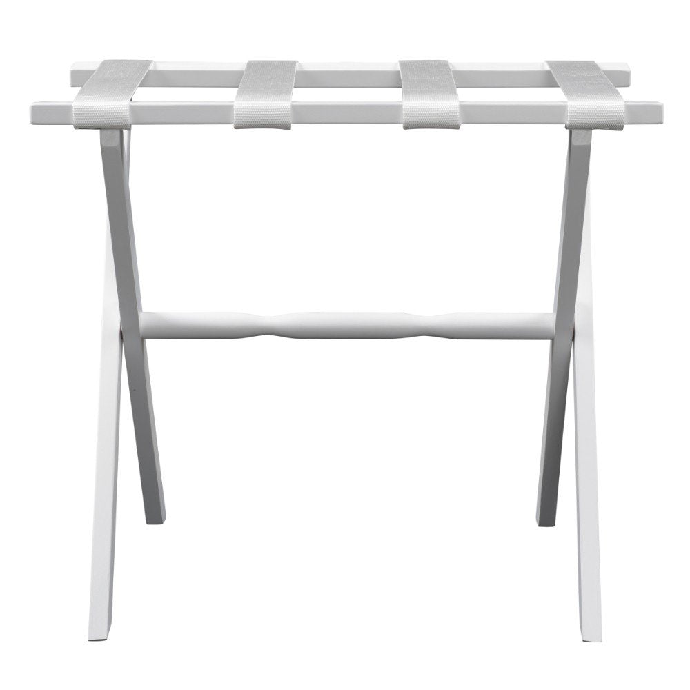 Hotel White Finish Wood Folding Luggage Rack With White Straps HomeRoots