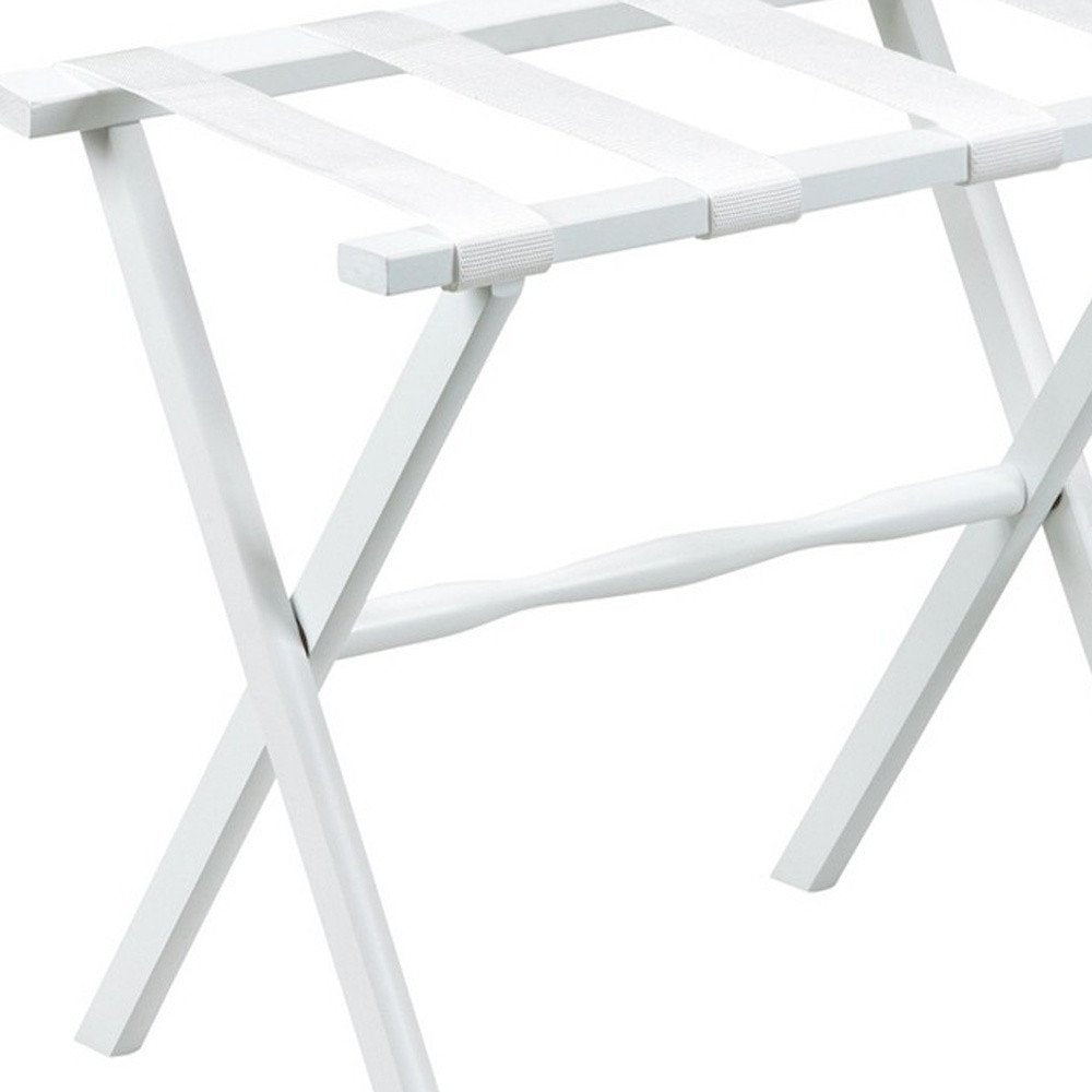 Hotel White Finish Wood Folding Luggage Rack With White Straps HomeRoots