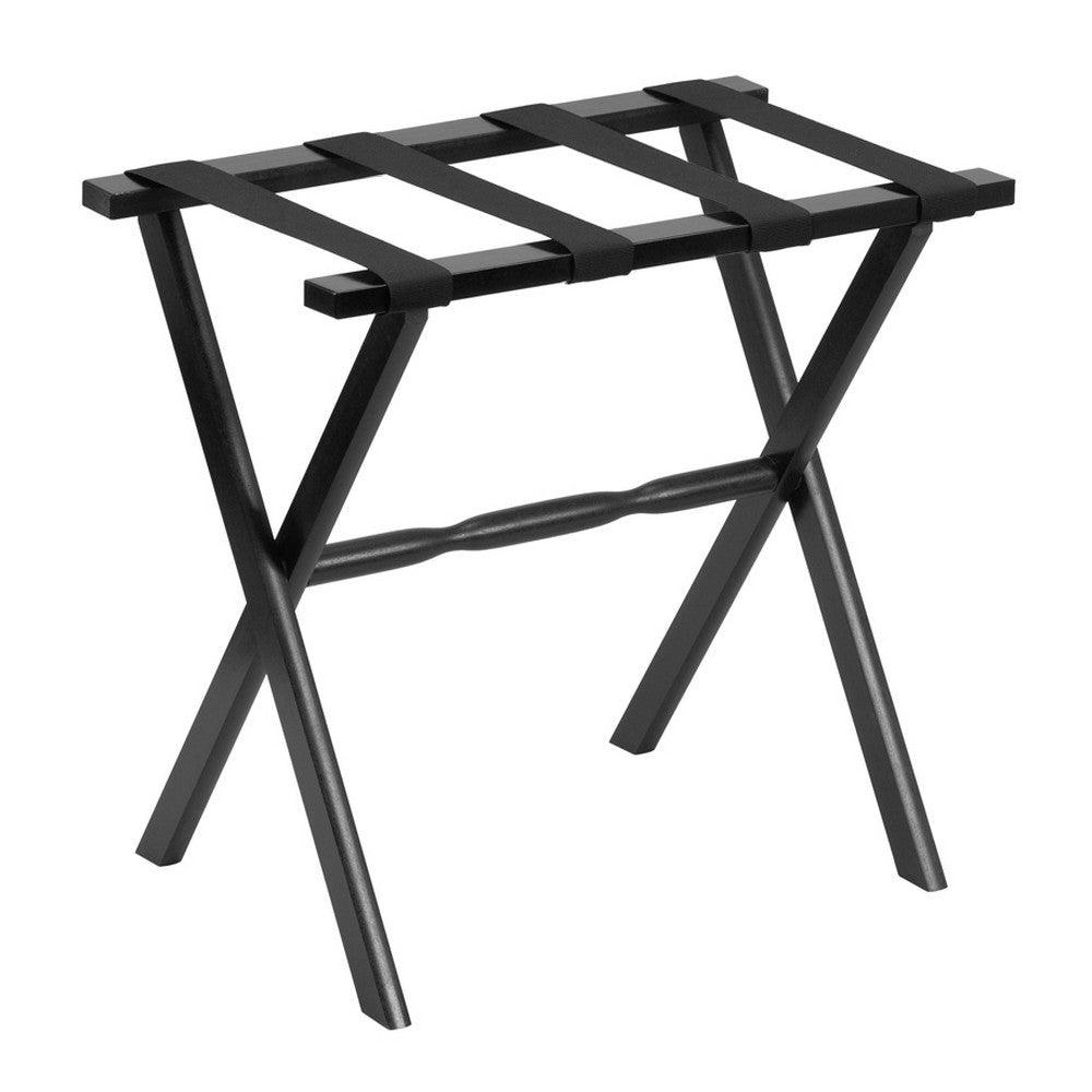 Hotel Black Finish Wood Folding Luggage Rack With Black Straps - FurniFindUSA