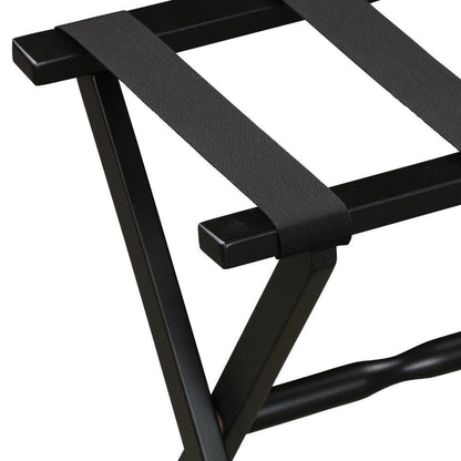 Hotel Black Finish Wood Folding Luggage Rack With Black Straps - FurniFindUSA