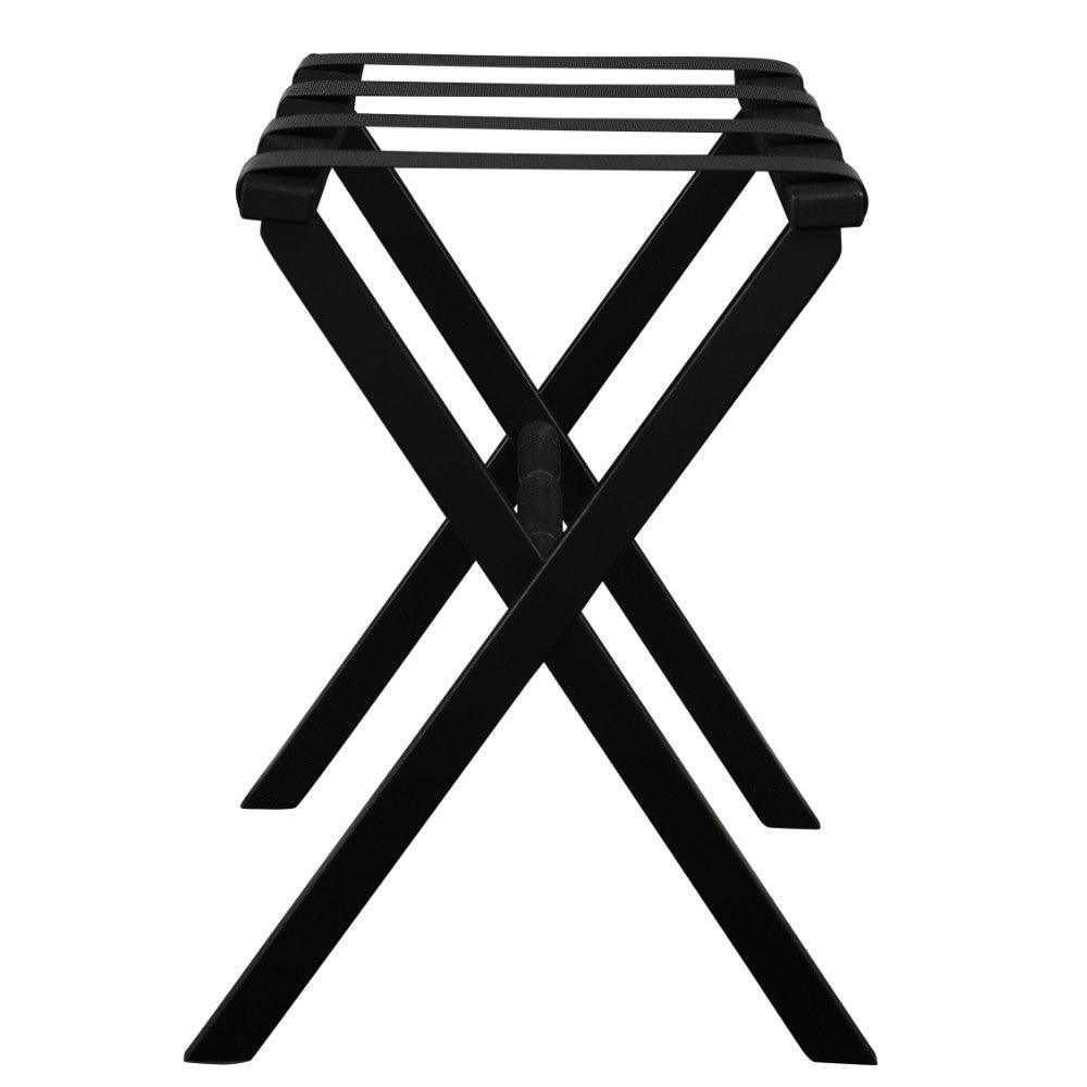 Hotel Black Finish Wood Folding Luggage Rack With Black Straps - FurniFindUSA