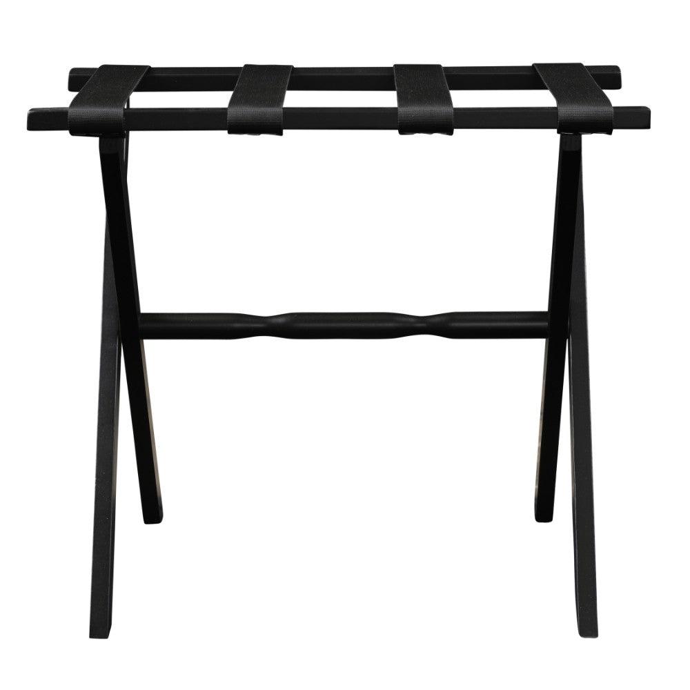 Hotel Black Finish Wood Folding Luggage Rack With Black Straps - FurniFindUSA