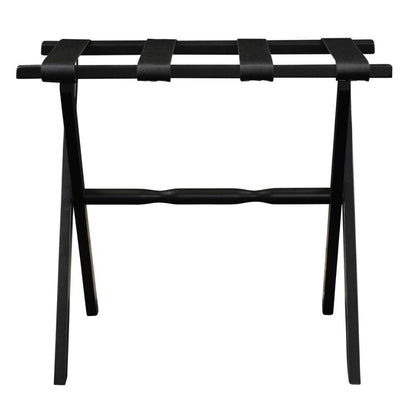 Hotel Black Finish Wood Folding Luggage Rack With Black Straps - FurniFindUSA