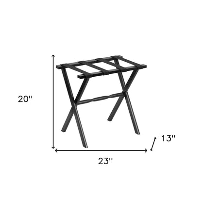 Hotel Black Finish Wood Folding Luggage Rack With Black Straps - FurniFindUSA