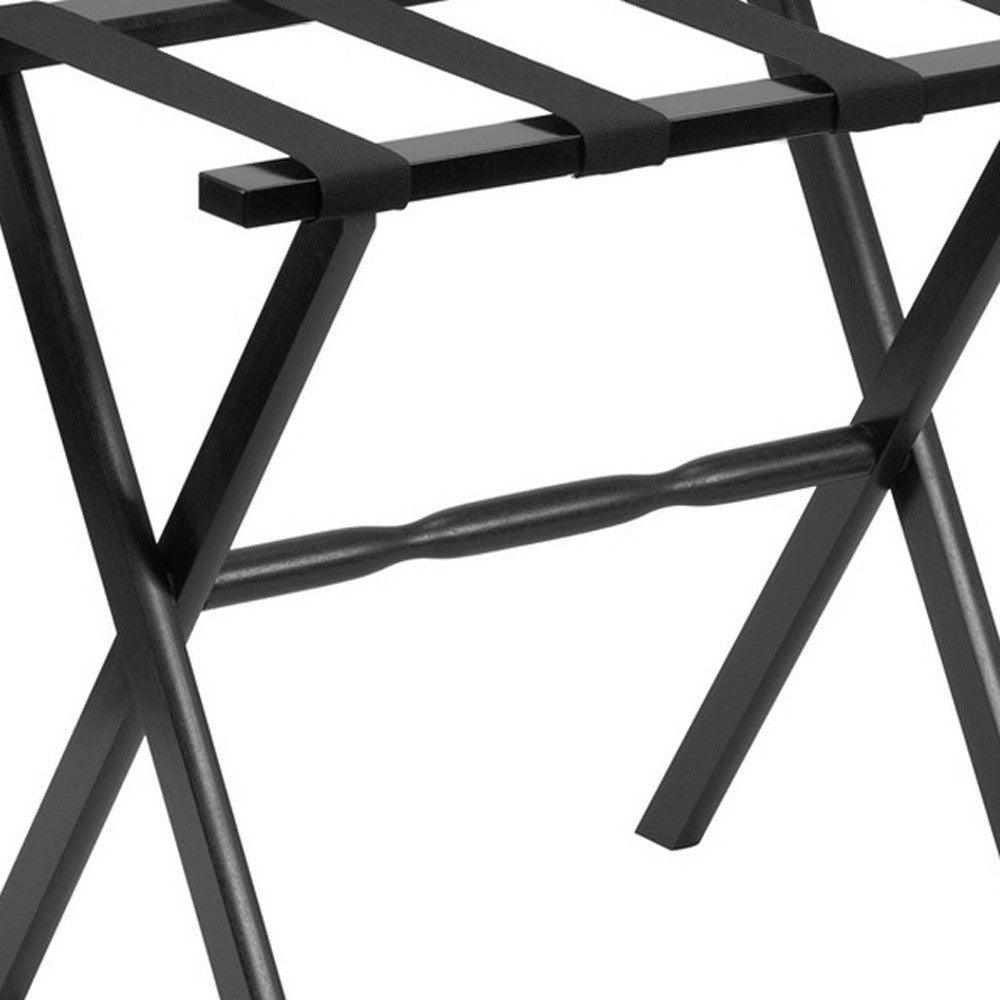 Hotel Black Finish Wood Folding Luggage Rack With Black Straps - FurniFindUSA