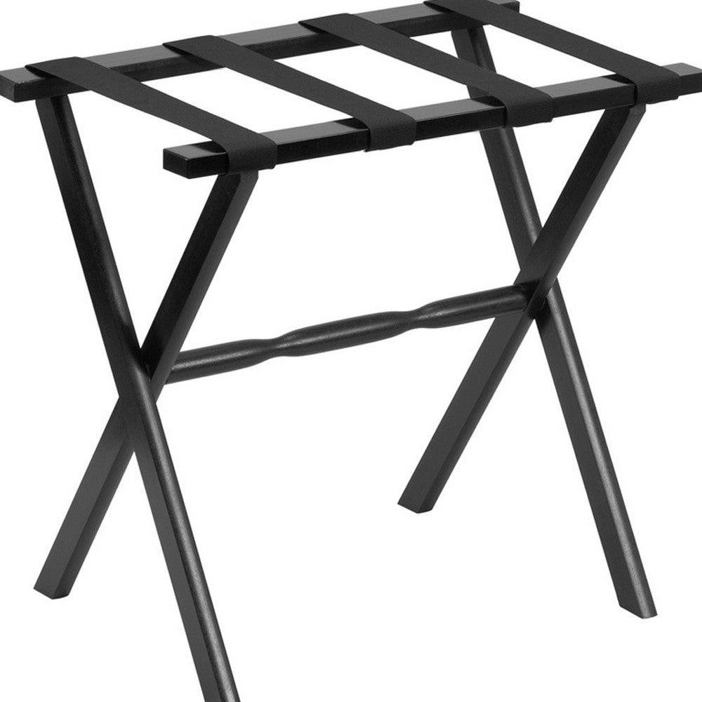 Hotel Black Finish Wood Folding Luggage Rack With Black Straps - FurniFindUSA