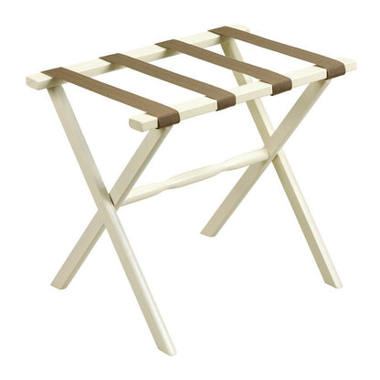 Hotel Ivory Finish Wood Folding Luggage Rack With Tan Straps HomeRoots