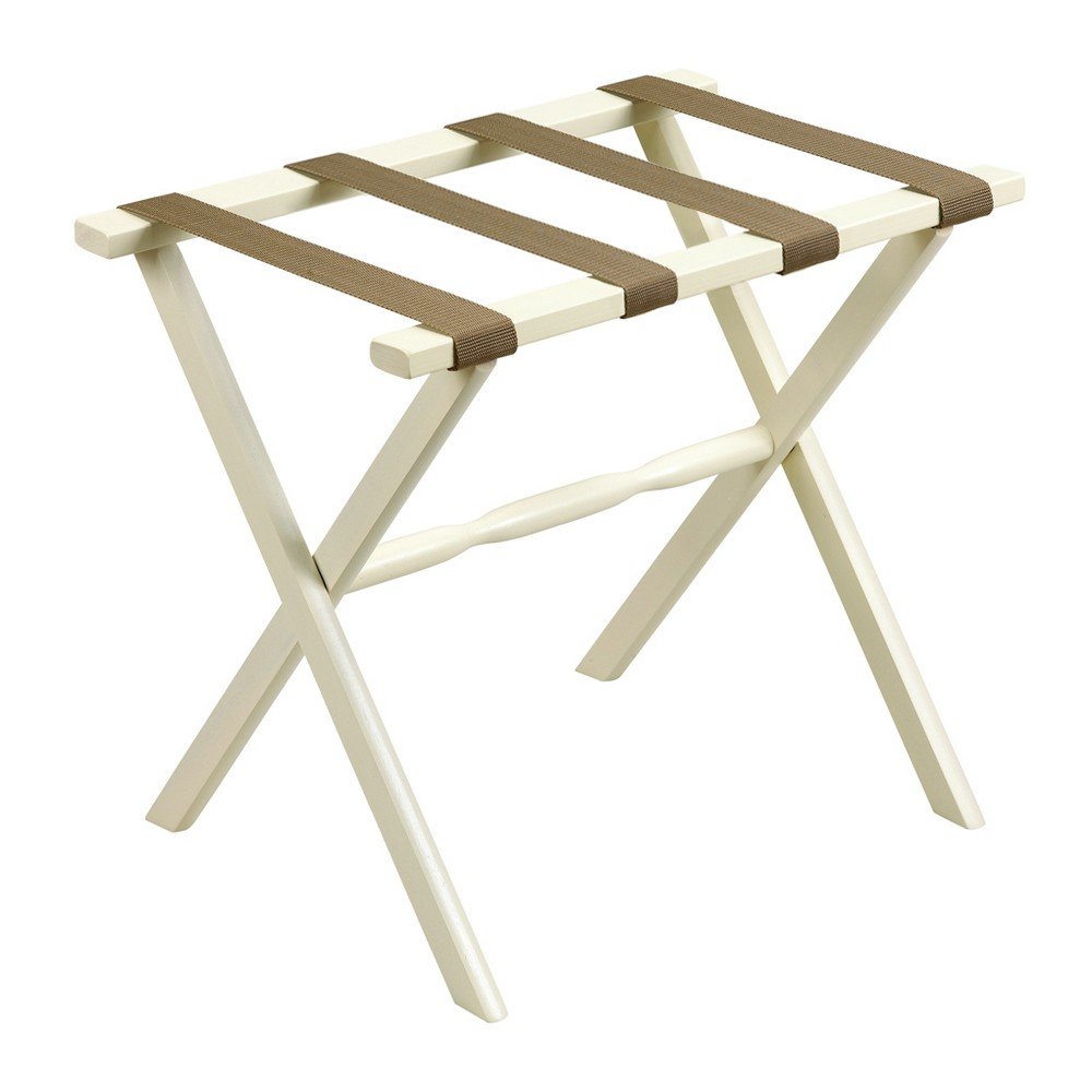 Hotel Ivory Finish Wood Folding Luggage Rack With Tan Straps HomeRoots