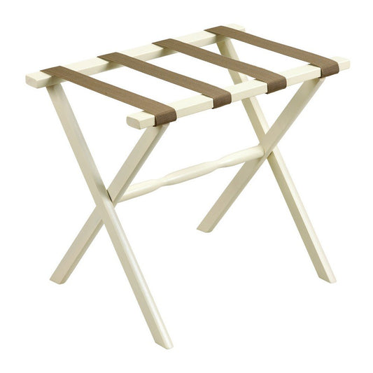 Hotel Ivory Finish Wood Folding Luggage Rack With Tan Straps HomeRoots