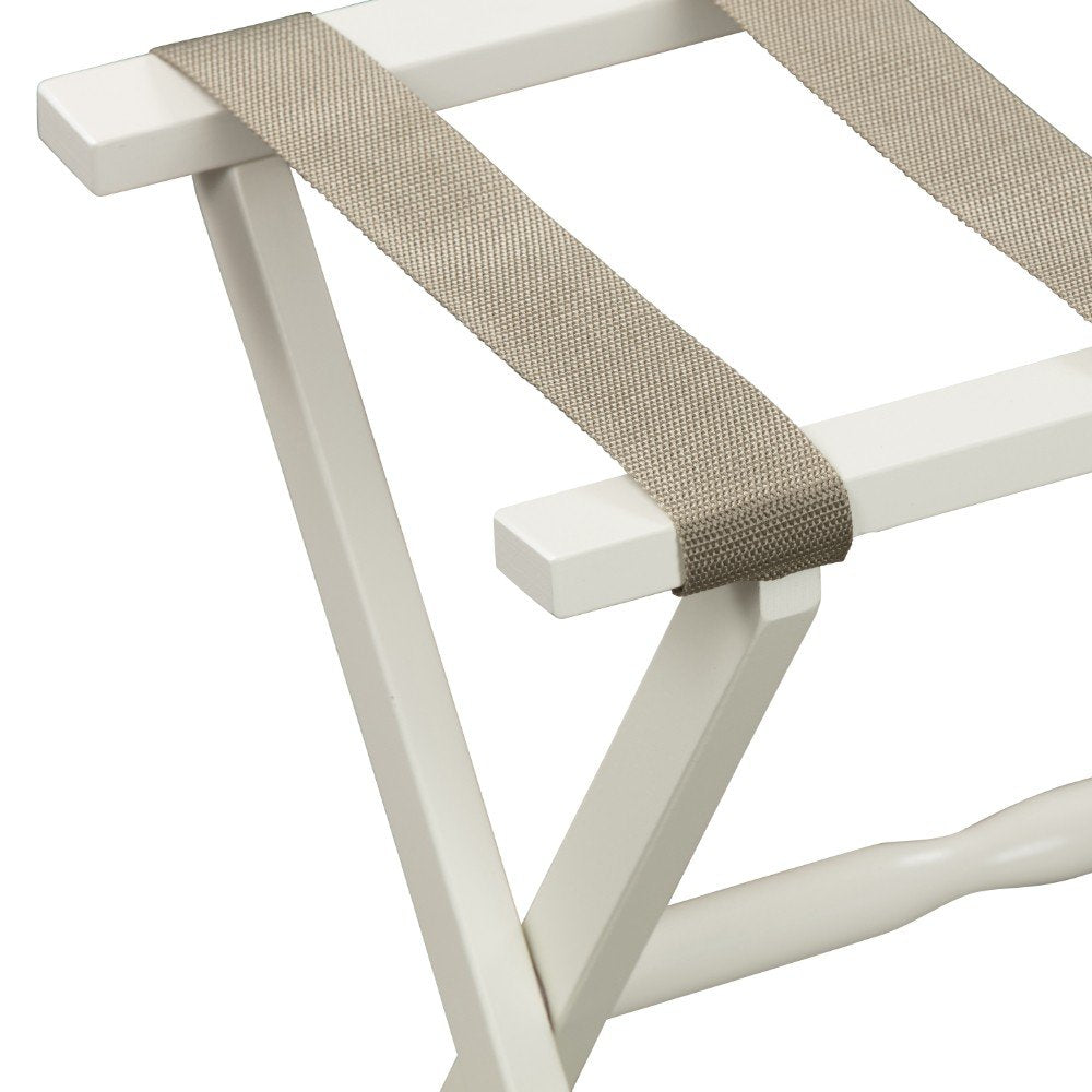 Hotel Ivory Finish Wood Folding Luggage Rack With Tan Straps HomeRoots