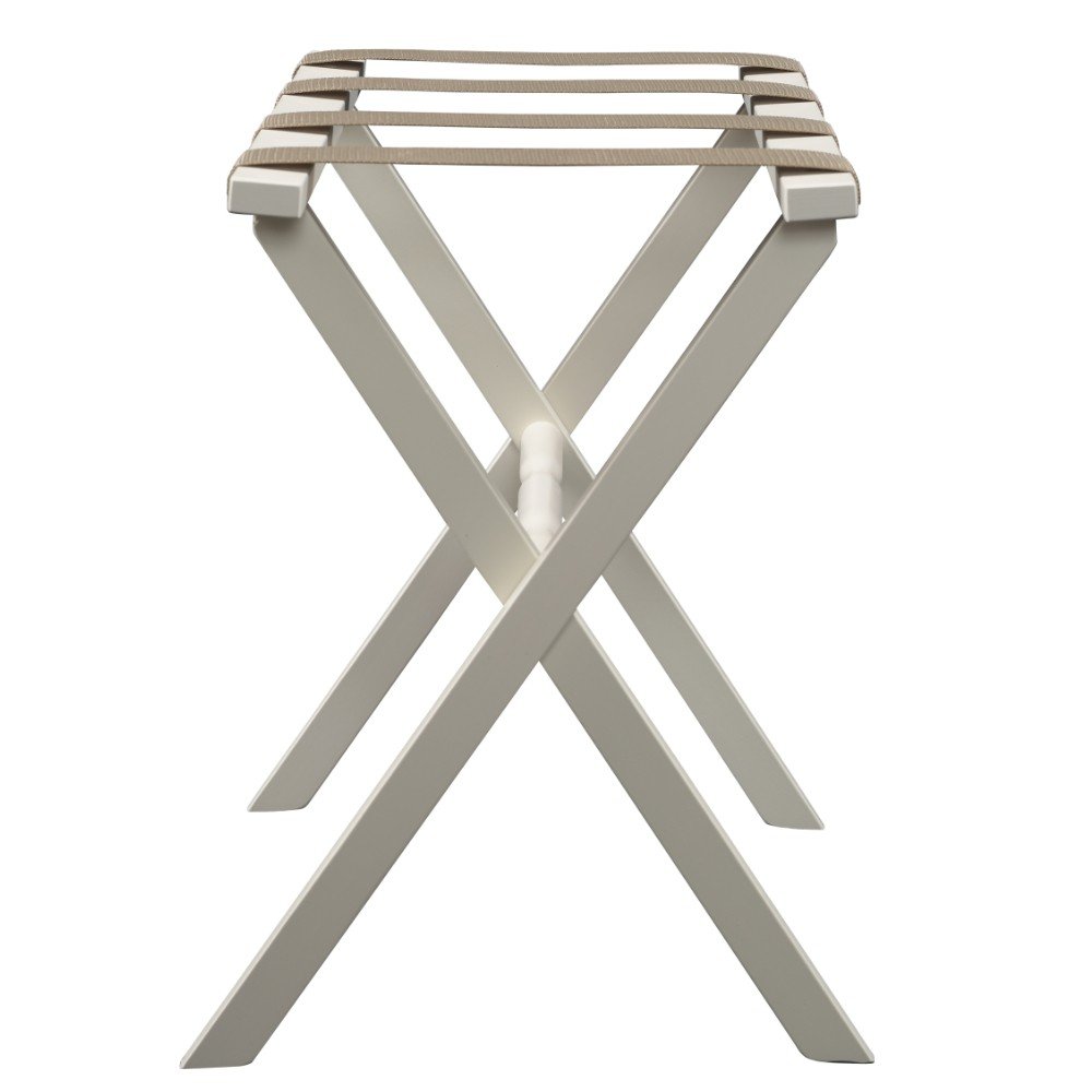 Hotel Ivory Finish Wood Folding Luggage Rack With Tan Straps HomeRoots