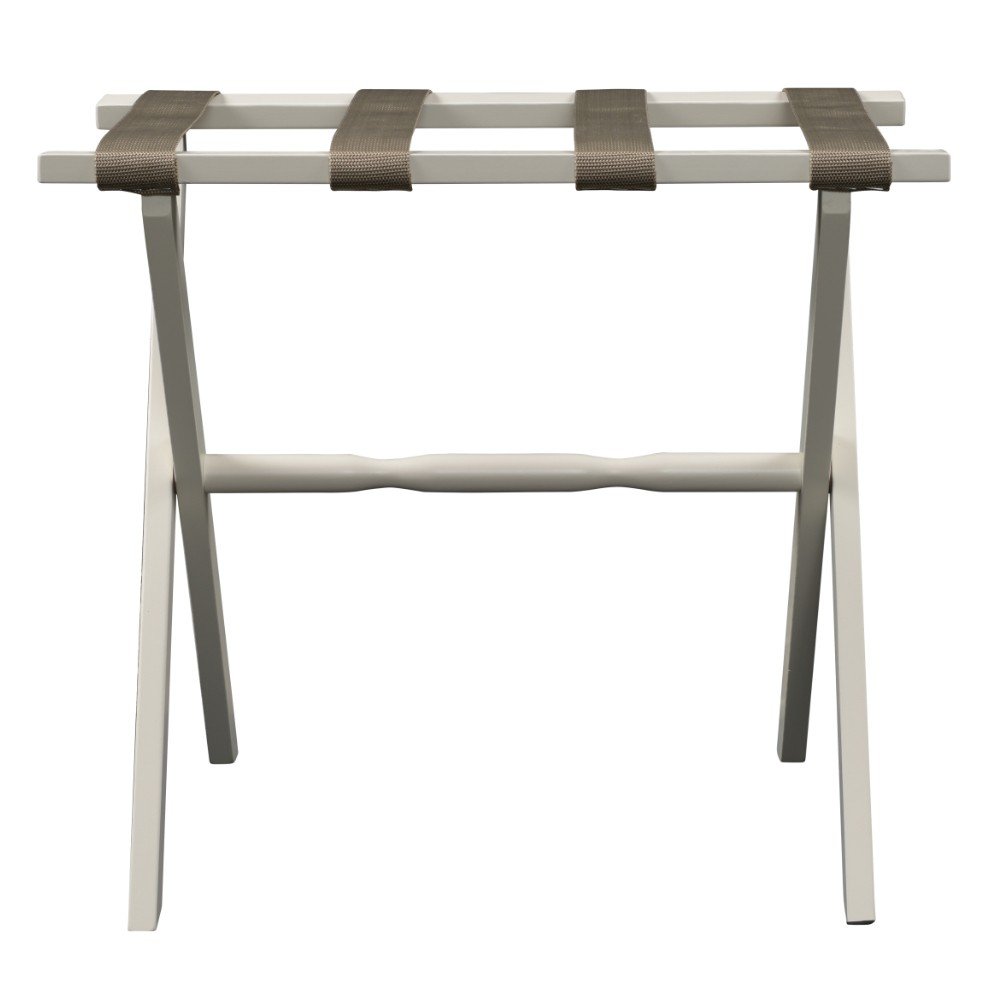 Hotel Ivory Finish Wood Folding Luggage Rack With Tan Straps HomeRoots