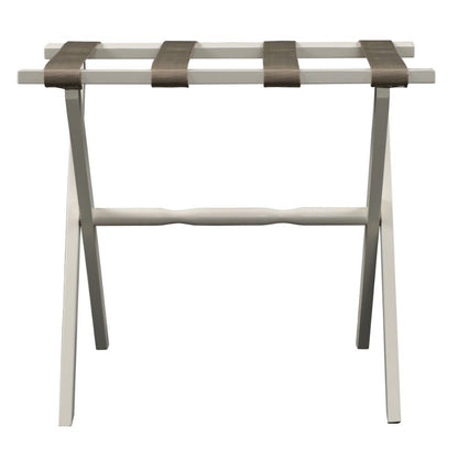 Hotel Ivory Finish Wood Folding Luggage Rack With Tan Straps HomeRoots