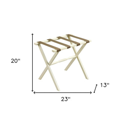 Hotel Ivory Finish Wood Folding Luggage Rack With Tan Straps HomeRoots